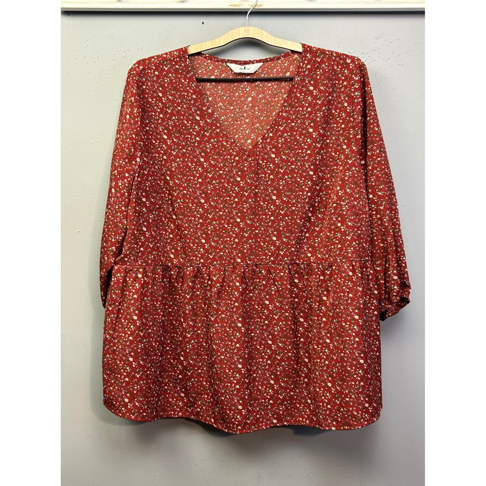 Agnes Orinda Top Women 2X Red Floral Peplum V-Neck Long Sleeve Babydoll Blouse